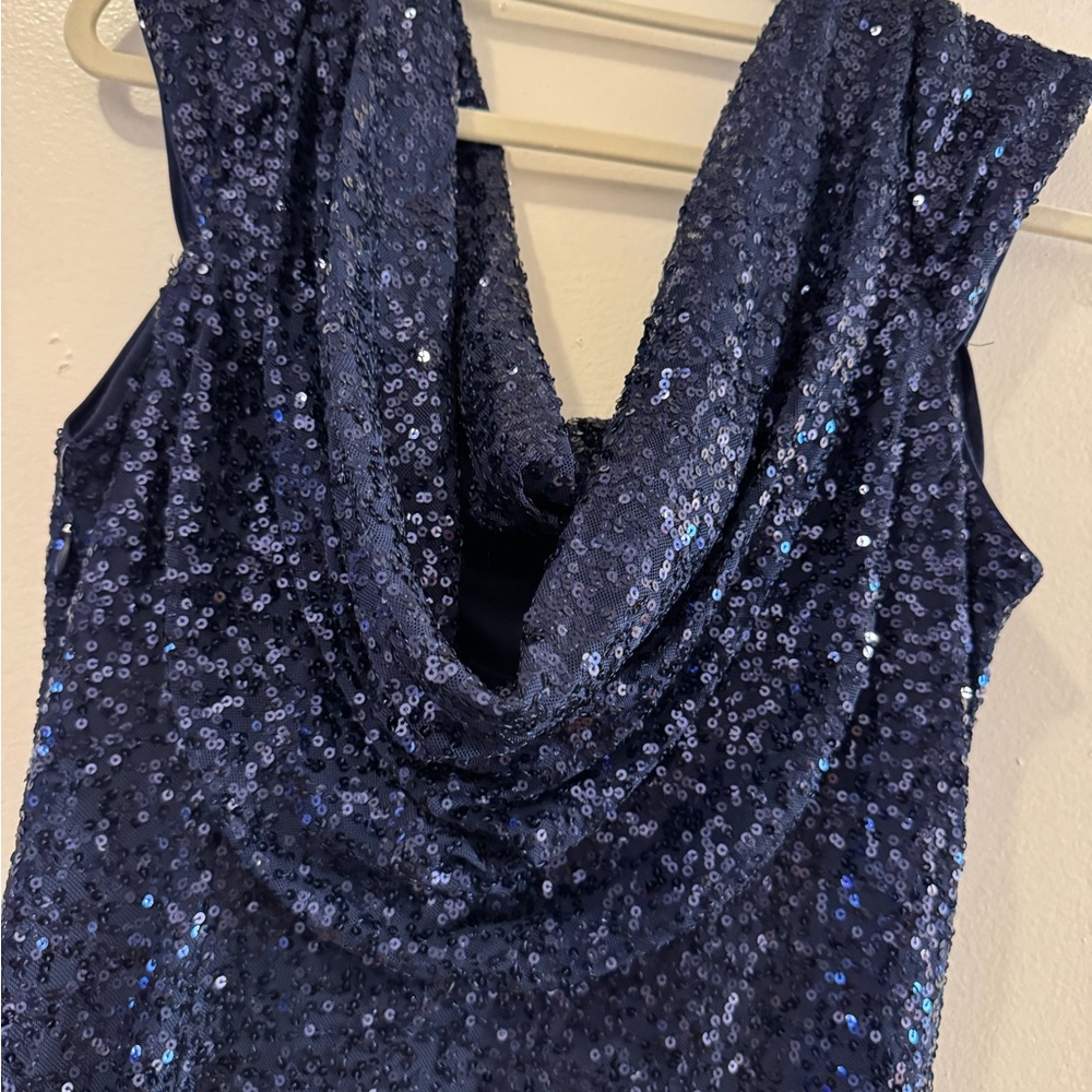 Elegant Navy Sequin Dress with Cowl Neckline (front and back)